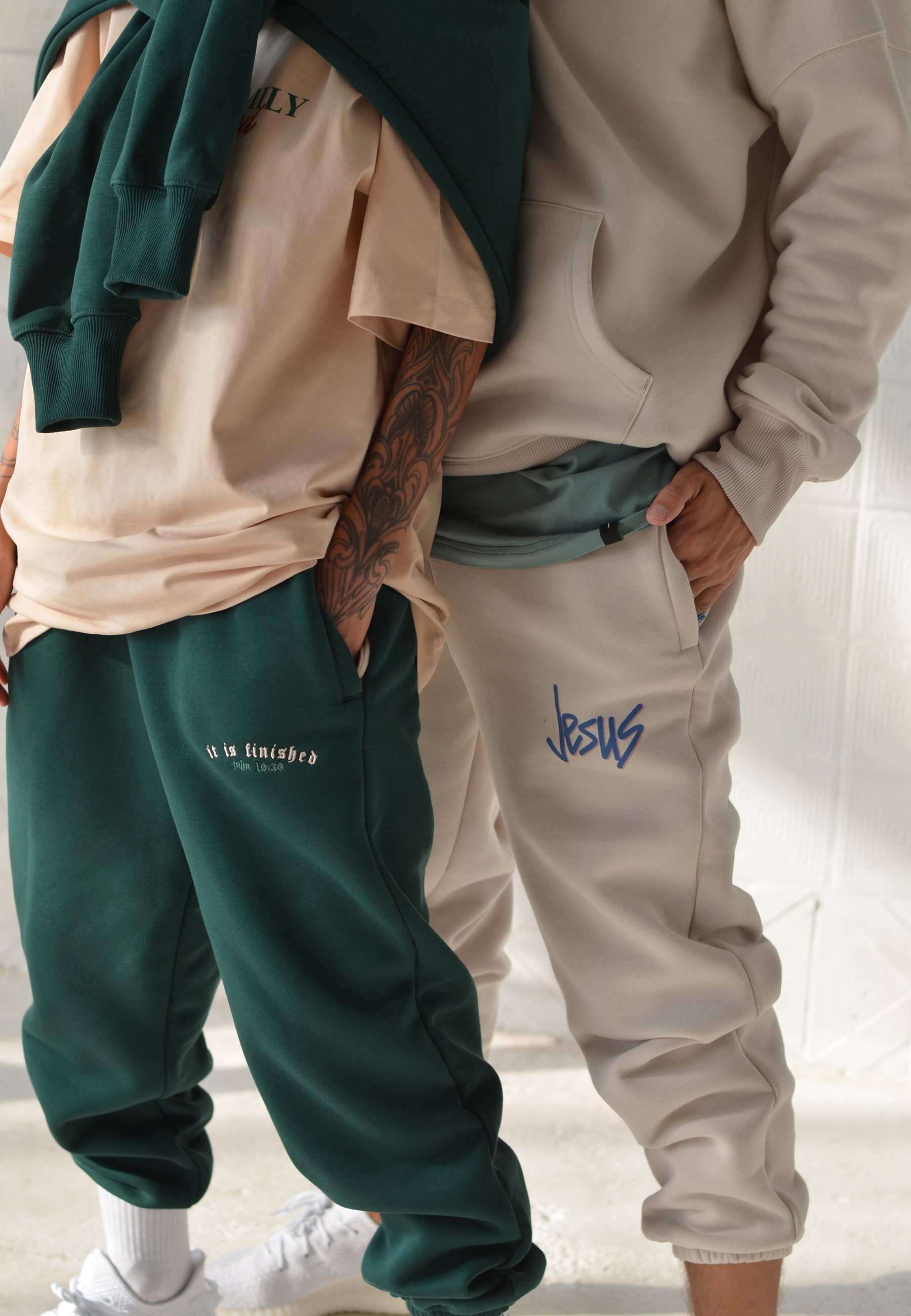 white and green christian pants